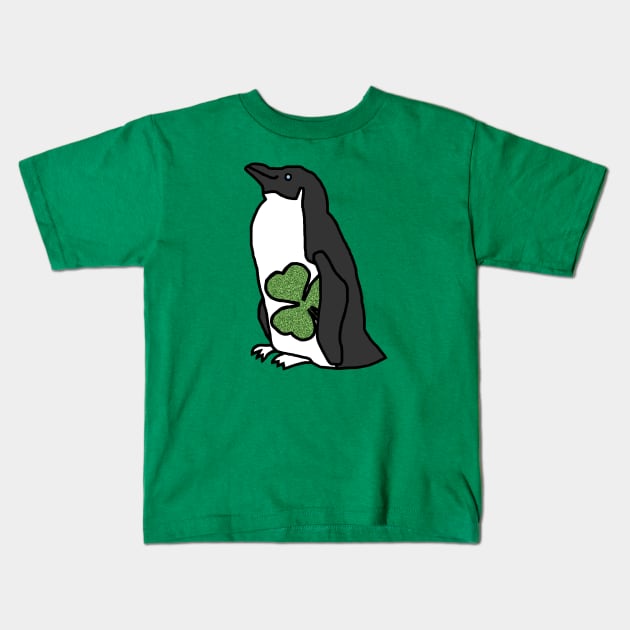 Penguin Holding Shamrock on St Patricks Day Kids T-Shirt by ellenhenryart